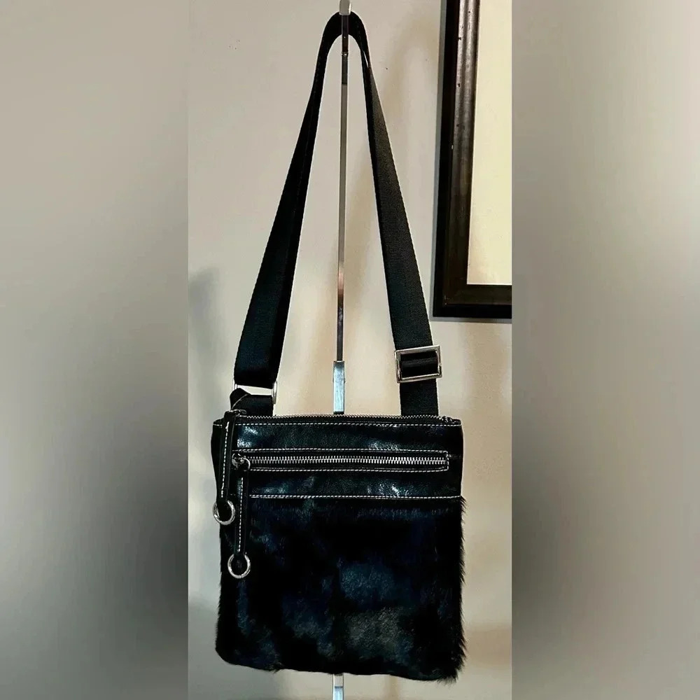 New AQUA MADONNA Black Cow Hide Hair On Crossbody Bag - Picture 2 of 4